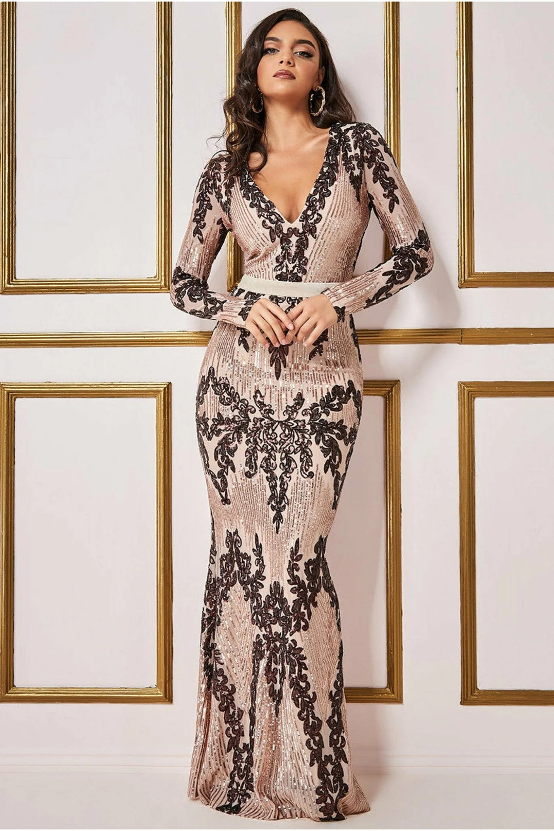 Too Glam Long Sleeve Sequin Champagne Bodycon Maxi Dress - BY GODDIVA | LittleMadam Too Glam Long Sleeve Sequin Champagne Bodycon Maxi Dress - BY GODDIVA | LittleMadam