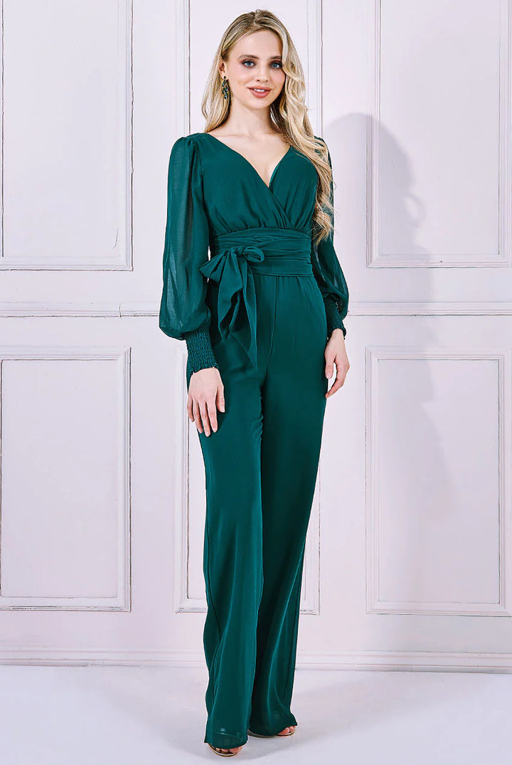 Picture Perfect Deep Green Belted Wide Leg Chiffon Jumpsuit