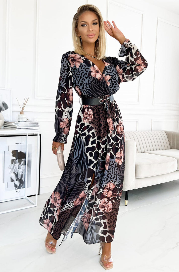 Thandie Black & Pink Animal Print Floral Chiffon Belted Long Sleeve Maxi Dress 2 LENGTHS