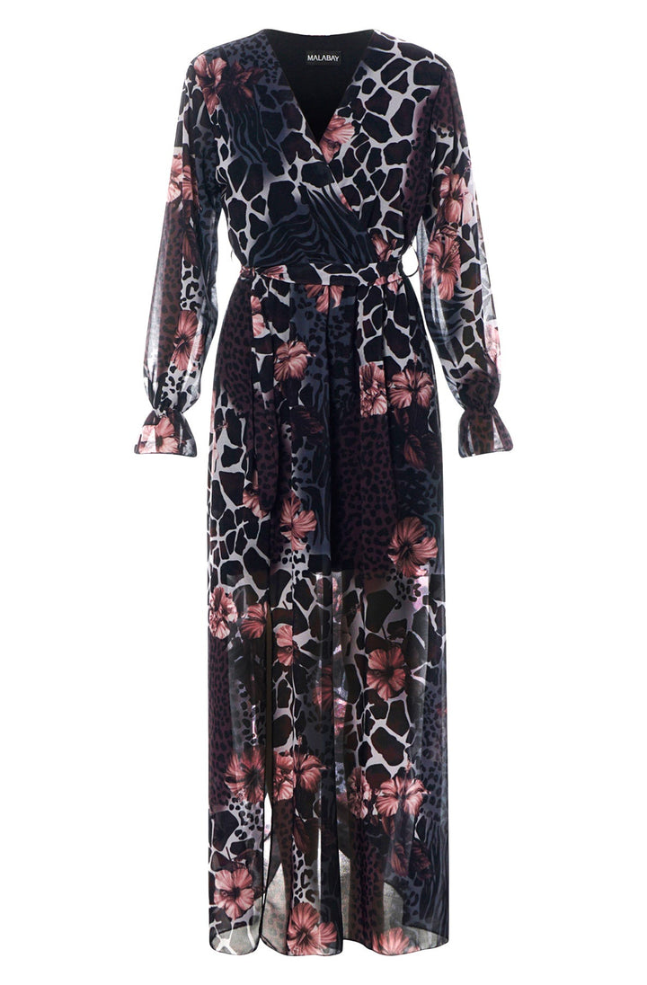 Thandie Black & Pink Animal Print Floral Chiffon Belted Long Sleeve Maxi Dress 2 LENGTHS