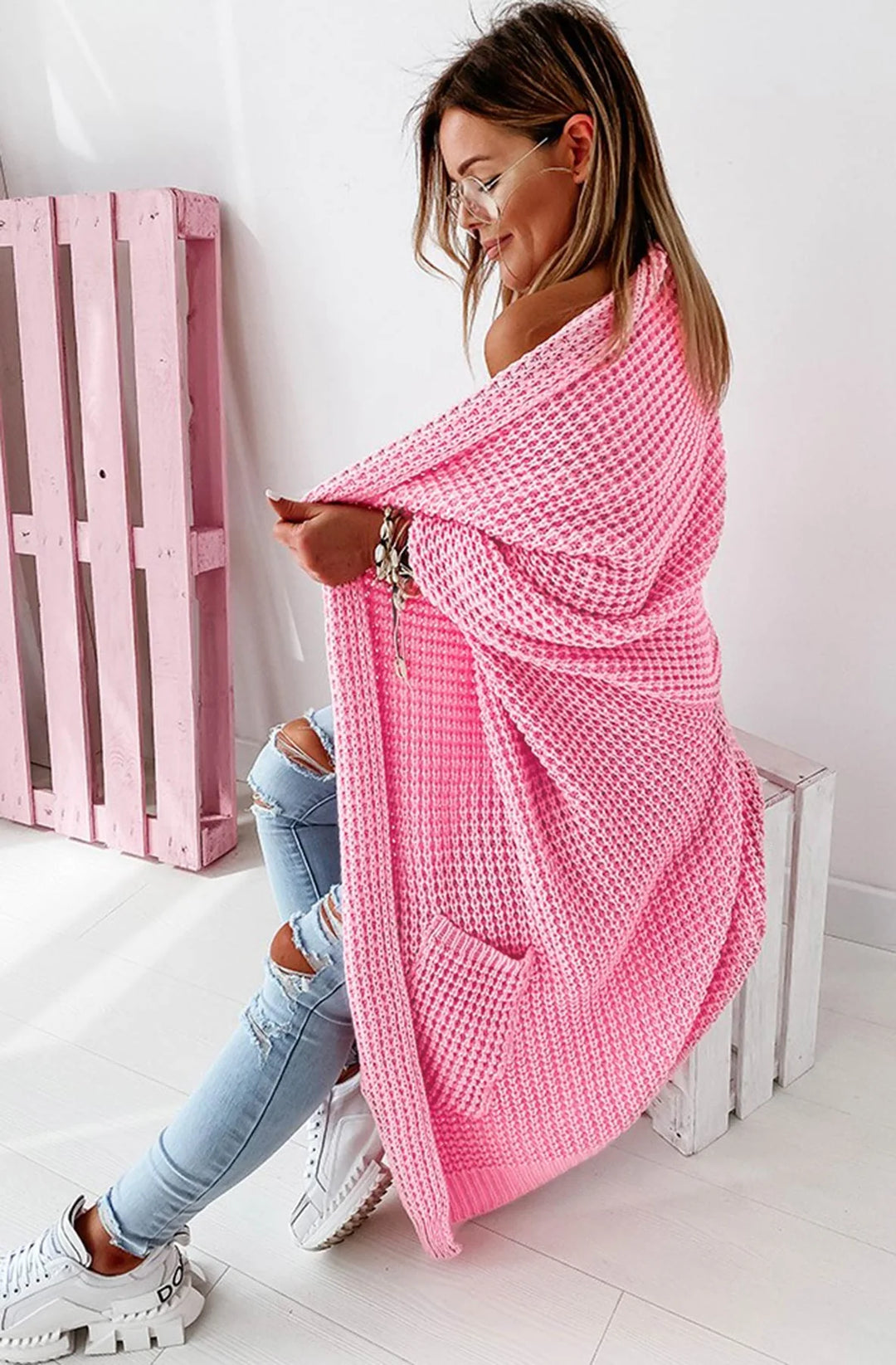 Rhiannon Chunky Knit Baby Pink Mid Sleeve Long Cardigan