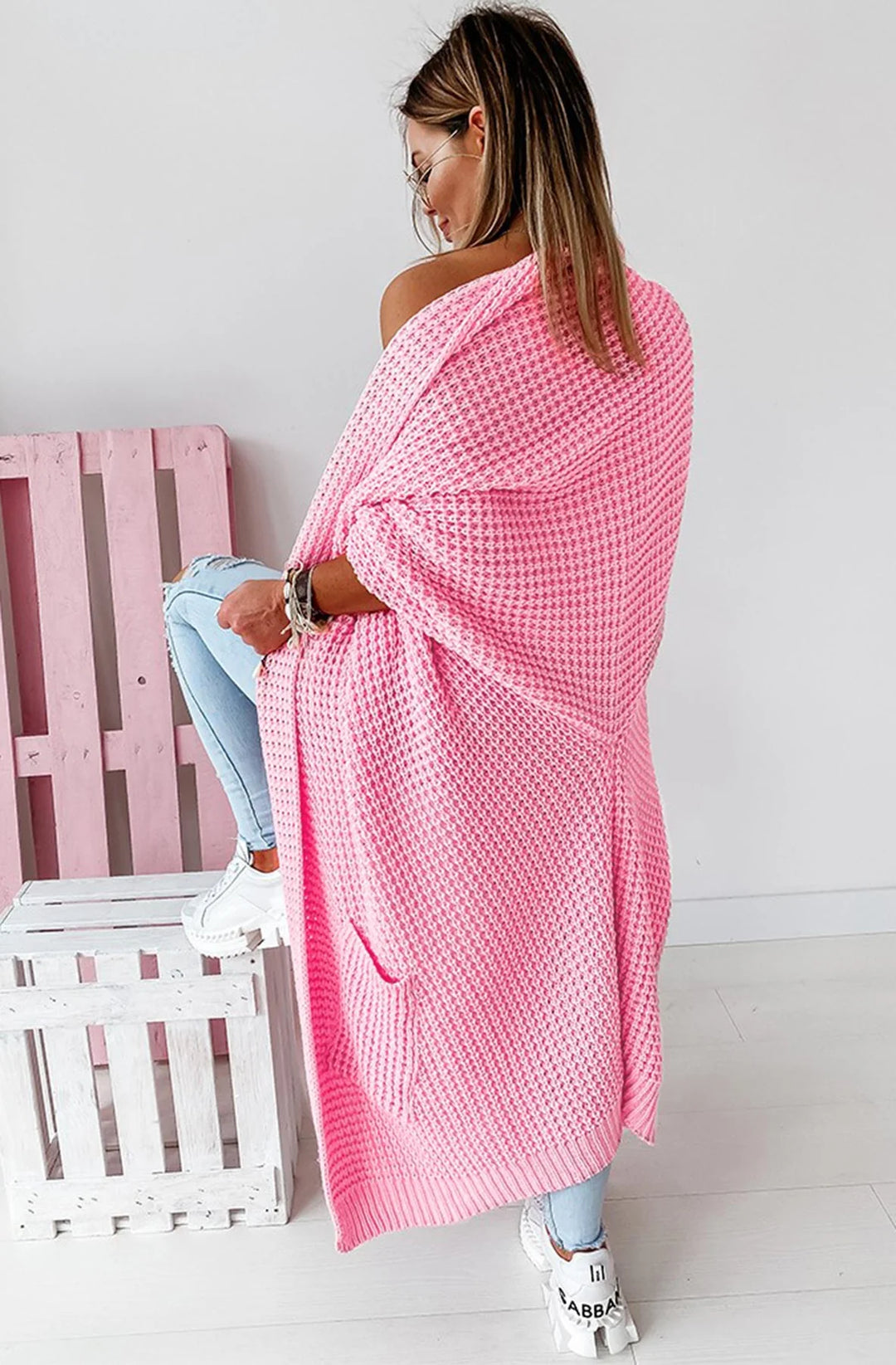 Rhiannon Chunky Knit Baby Pink Mid Sleeve Long Cardigan