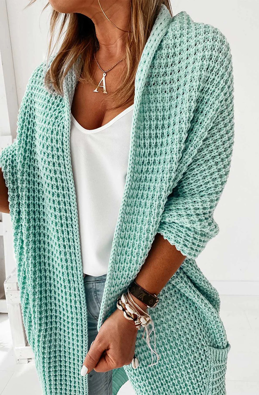 Rhiannon Chunky Knit Sage Green Mid Sleeve Long Cardigan