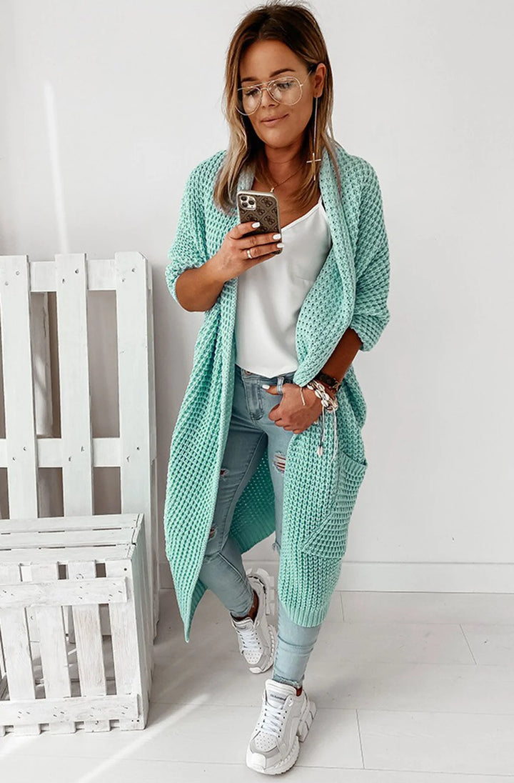 Rhiannon Chunky Knit Sage Green Mid Sleeve Long Cardigan