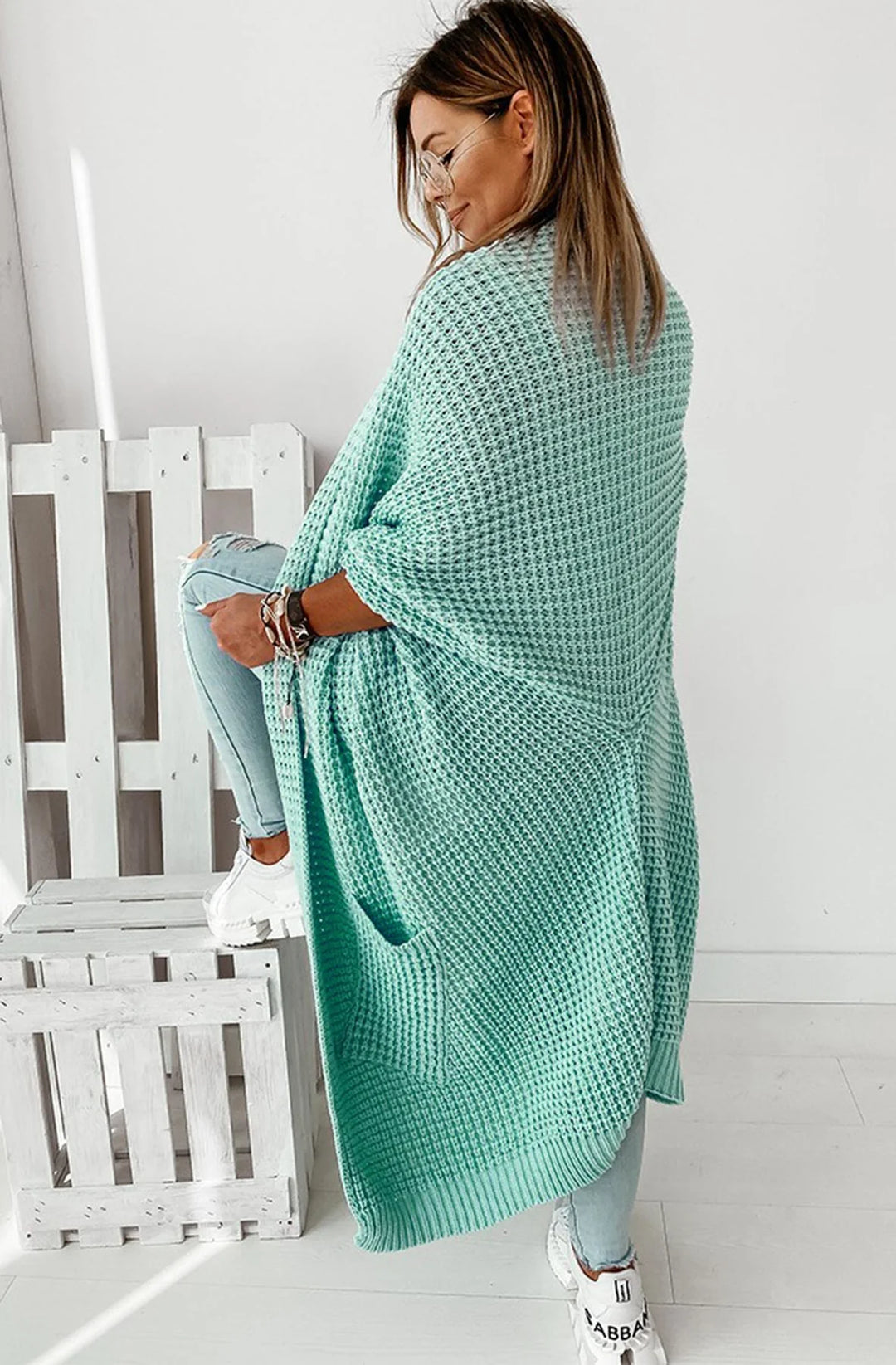 Rhiannon Chunky Knit Sage Green Mid Sleeve Long Cardigan