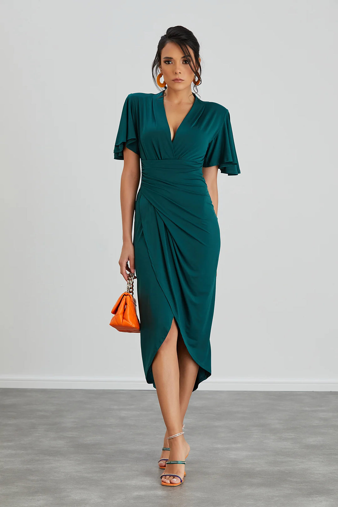 Manhattan Dark Green Angel Sleeve Bodycon Midi Dress