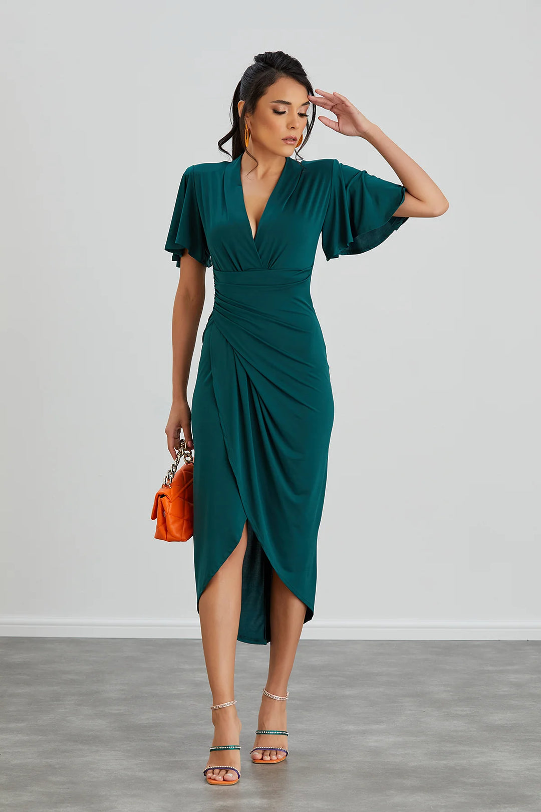 Manhattan Dark Green Angel Sleeve Bodycon Midi Dress