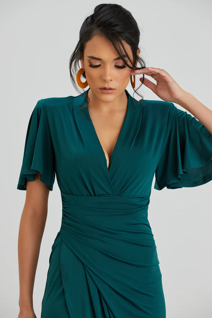 Manhattan Dark Green Angel Sleeve Bodycon Midi Dress