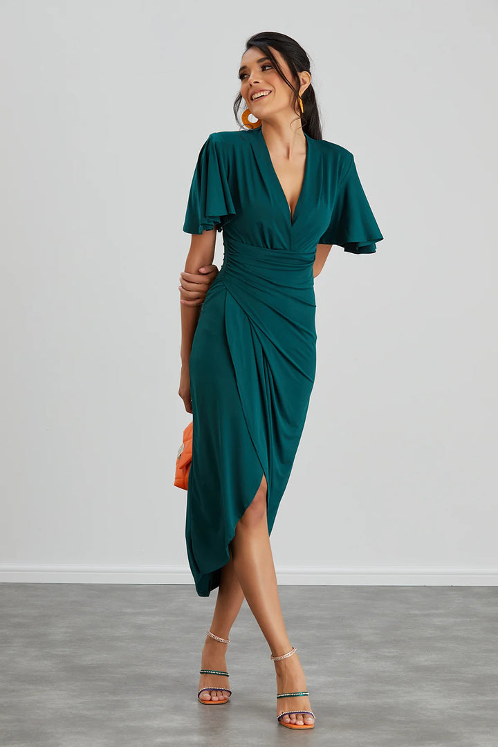 Manhattan Dark Green Angel Sleeve Bodycon Midi Dress