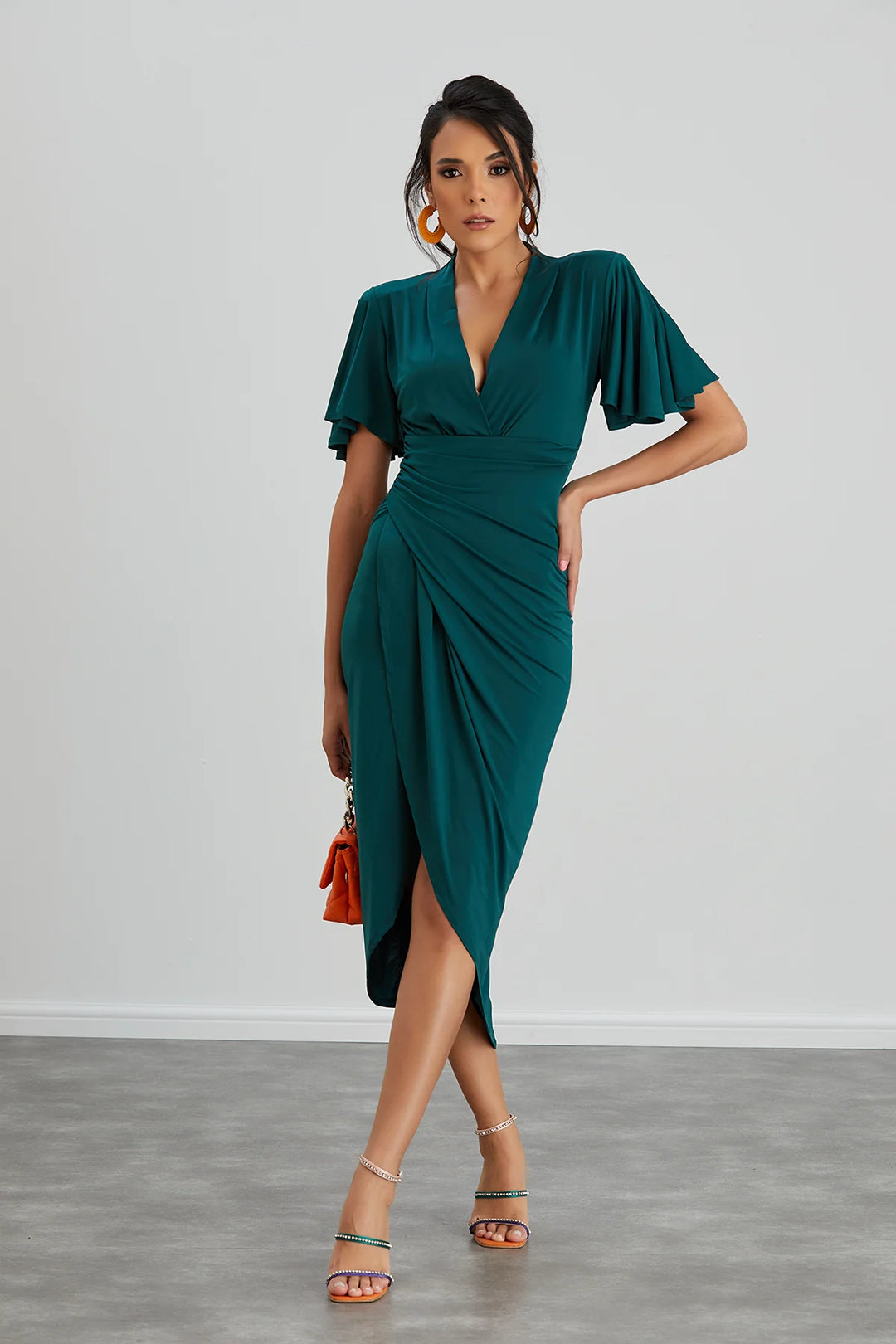 Manhattan Dark Green Angel Sleeve Bodycon Midi Dress