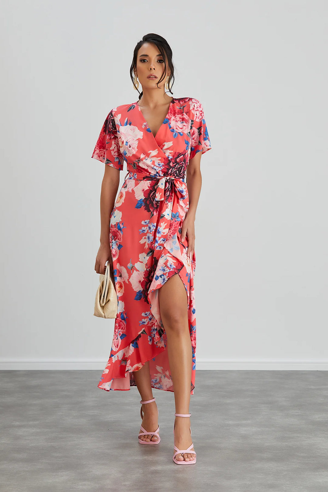 Flirtatious Short Sleeve Belted Coral Pink Floral Midi/Maxi Wrap Dress