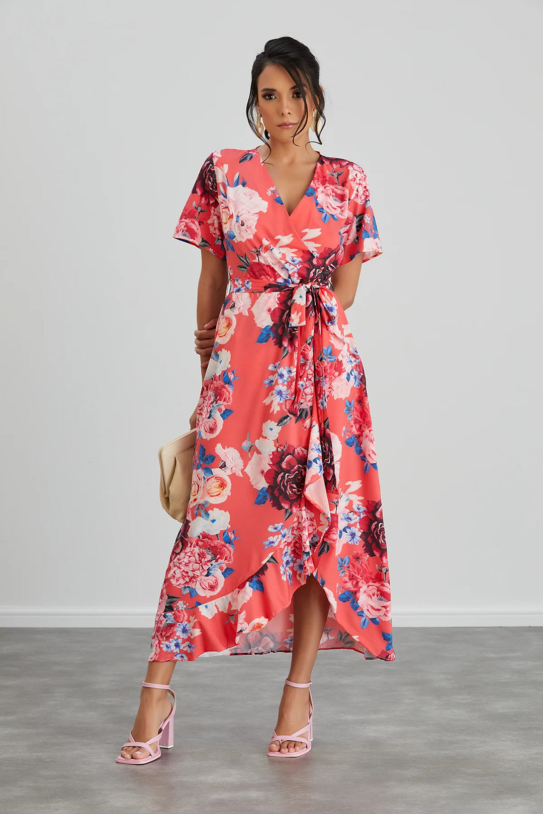 Flirtatious Short Sleeve Belted Coral Pink Floral Midi/Maxi Wrap Dress