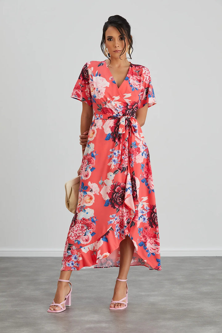 Flirtatious Short Sleeve Belted Coral Pink Floral Midi/Maxi Wrap Dress