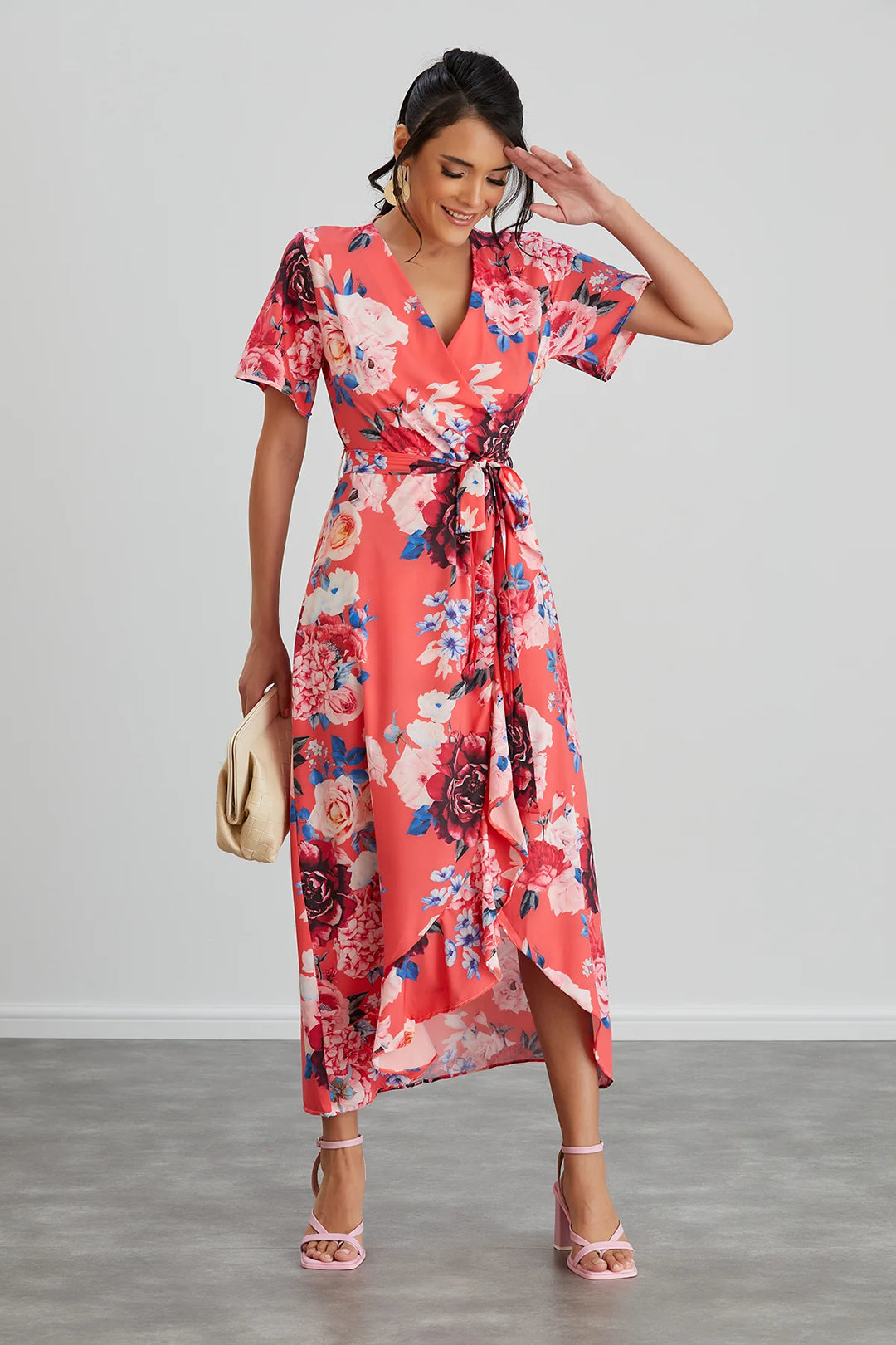 Flirtatious Short Sleeve Belted Coral Pink Floral Midi Maxi Wrap Dress LittleMadam