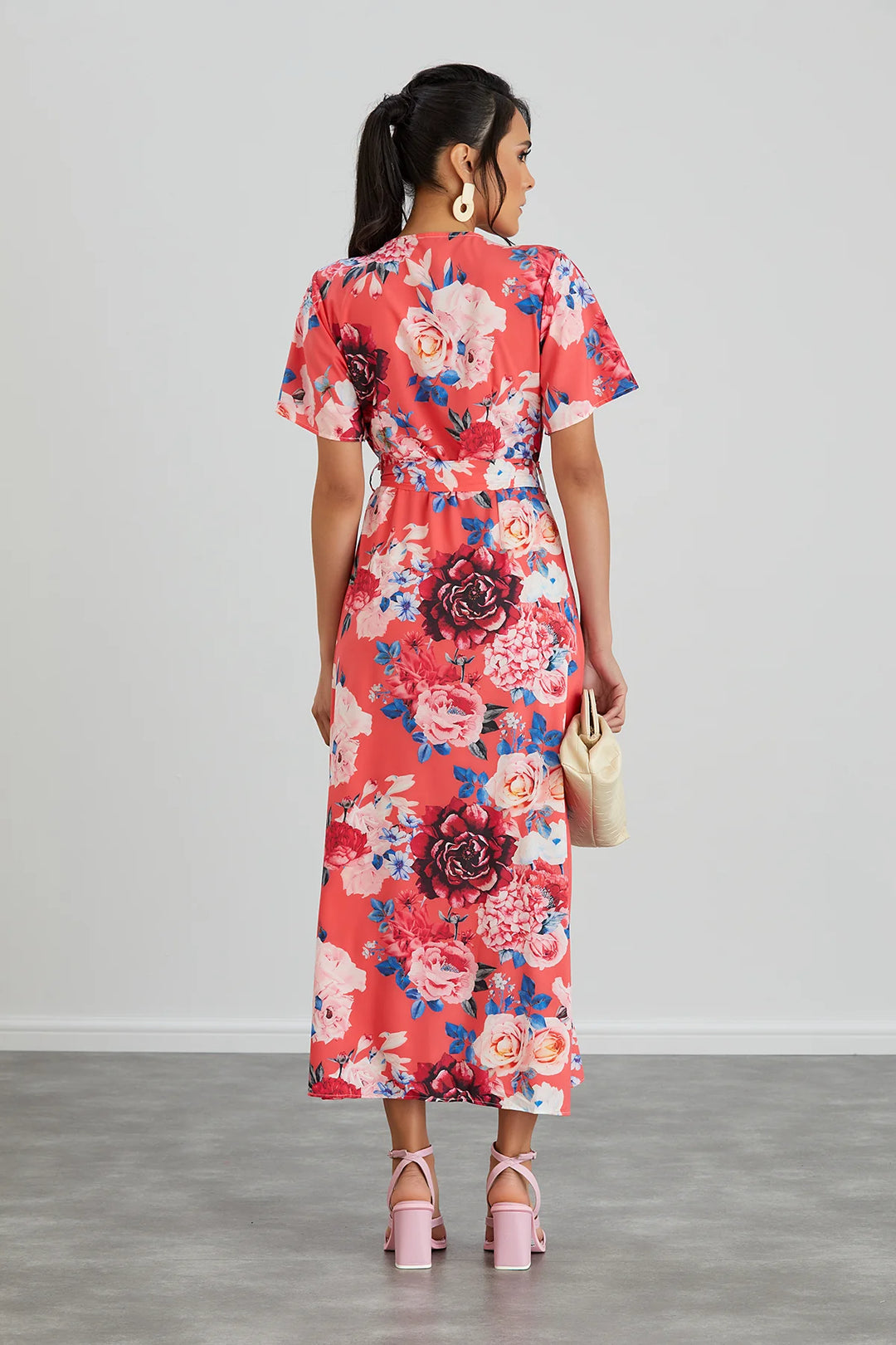 Flirtatious Short Sleeve Belted Coral Pink Floral Midi/Maxi Wrap Dress