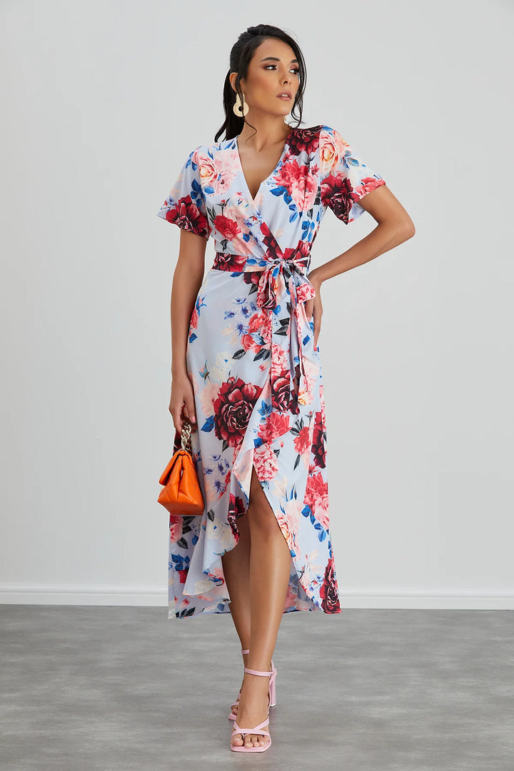 Flirtatious Short Sleeve Belted Light Blue Floral Midi/Maxi Wrap Dress