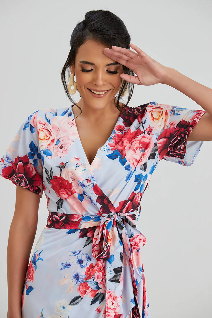 Flirtatious Short Sleeve Belted Light Blue Floral Midi/Maxi Wrap Dress