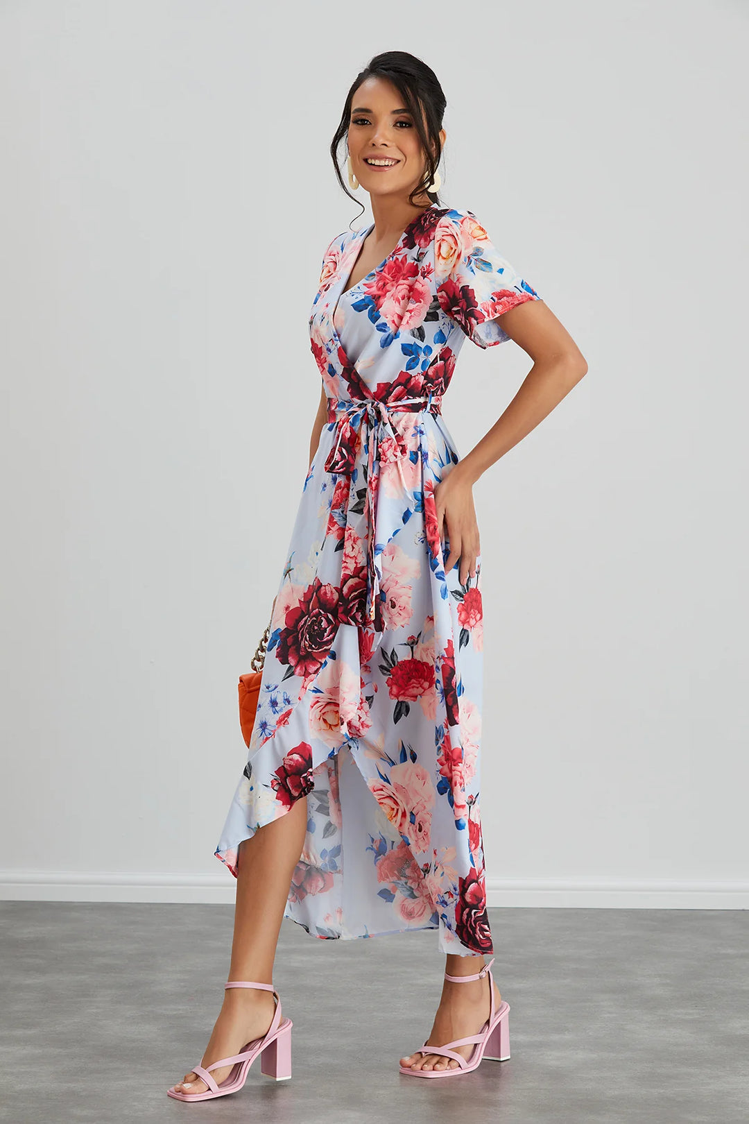 Flirtatious Short Sleeve Belted Light Blue Floral Midi/Maxi Wrap Dress