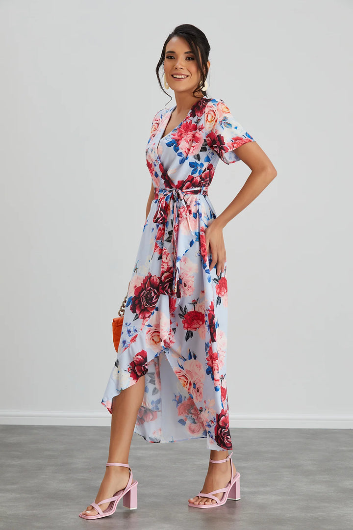 Flirtatious Short Sleeve Belted Light Blue Floral Midi/Maxi Wrap Dress