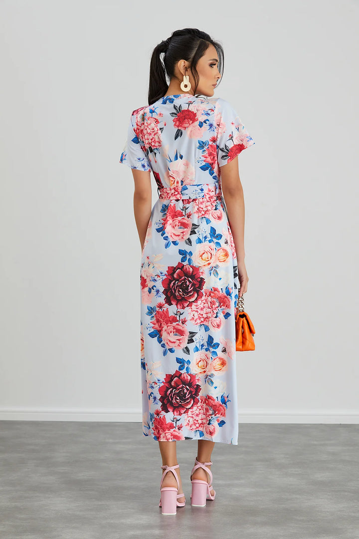 Flirtatious Short Sleeve Belted Light Blue Floral Midi/Maxi Wrap Dress