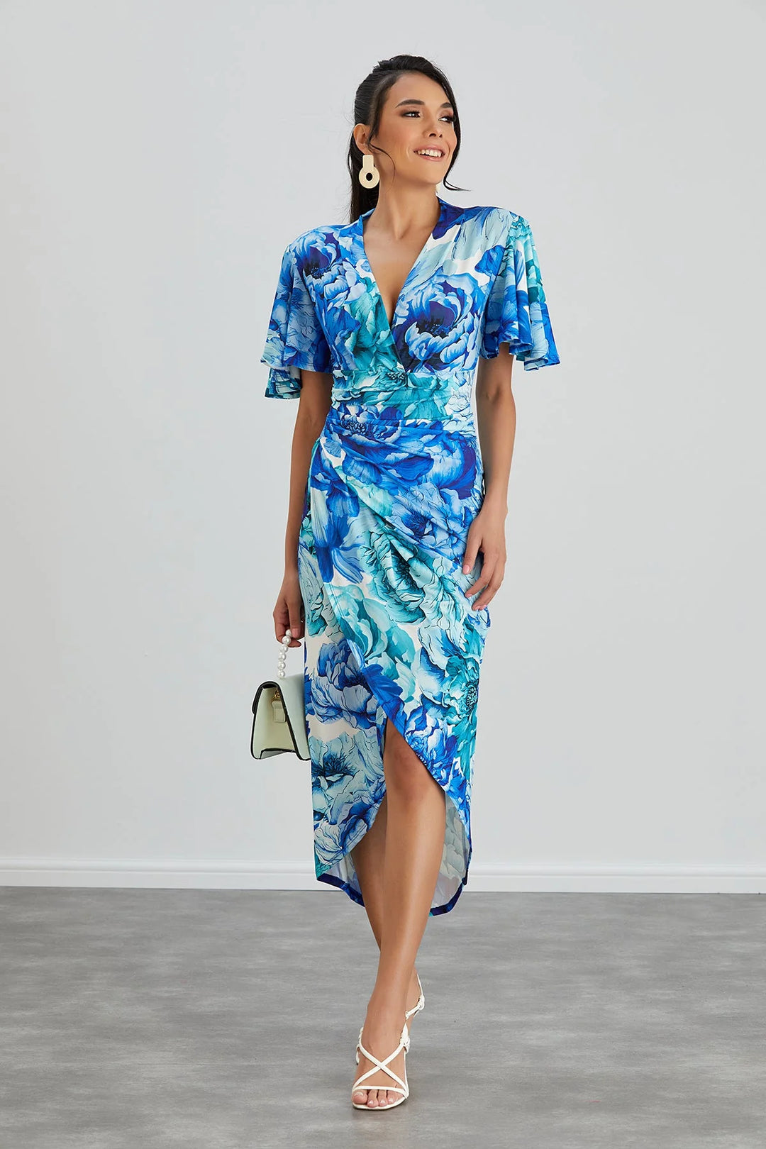 Manhattan Blue Floral Angel Sleeve Bodycon Midi/Maxi Dress | LittleMadam Manhattan Blue Floral Angel Sleeve Bodycon Midi/Maxi Dress | LittleMadam