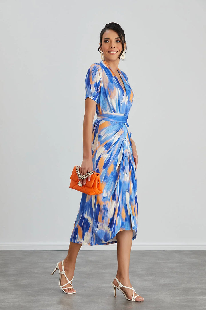 Taylor Blue Abstract Short Sleeve Half Shirt Dress