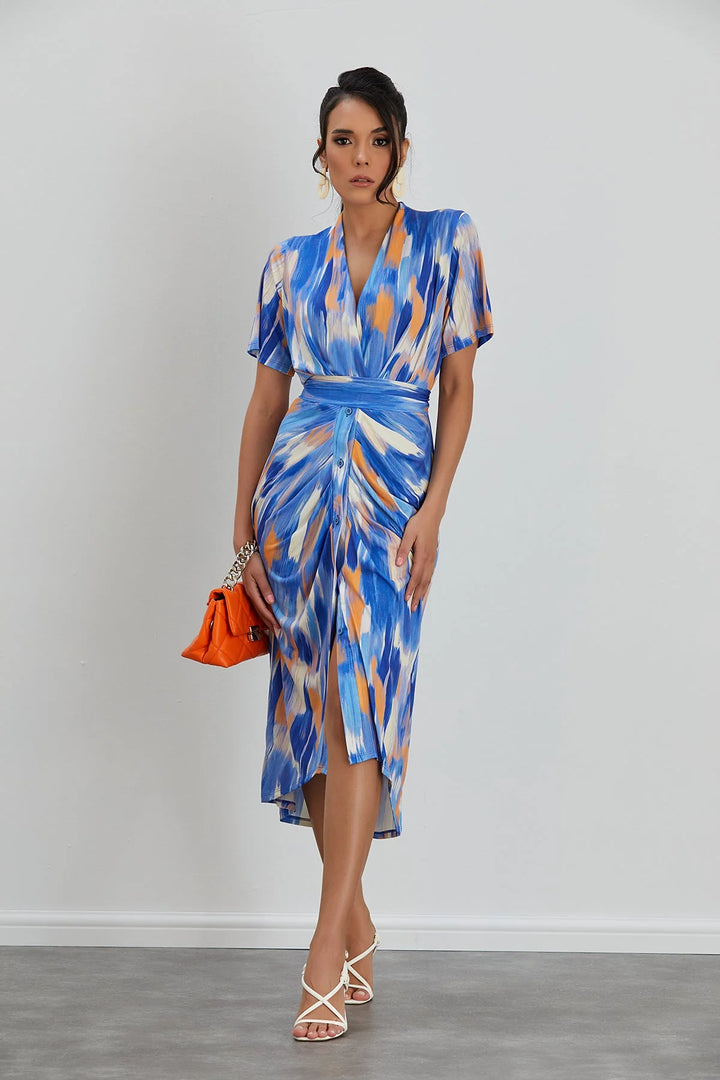 Taylor Blue Abstract Short Sleeve Half Shirt Dress