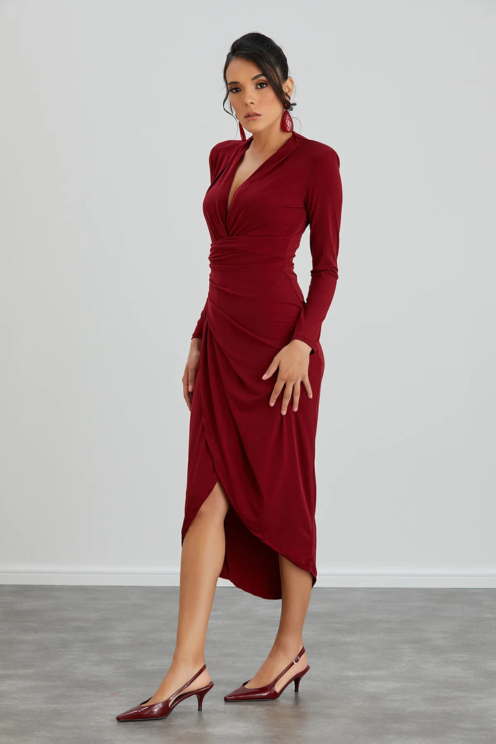 A Touch Of Class Burgundy Red Long Sleeve Bodycon Wrap Midi/Maxi Dress