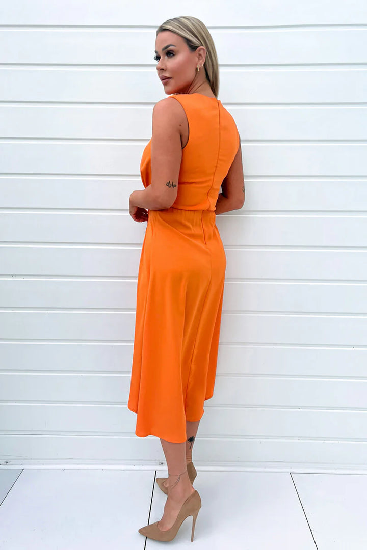 Wendy Orange Gathered Midi Dress
