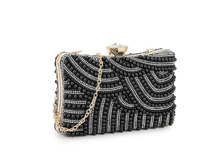 Marbella Diamante & Pearl Embellished Box Clutch Bag - Black
