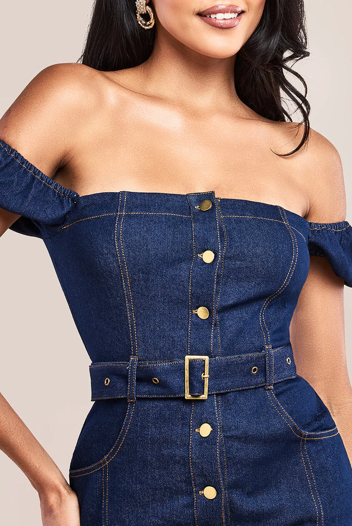 Zelda Indigo Denim Button Down Belted Bodycon Bardot Midi Dress