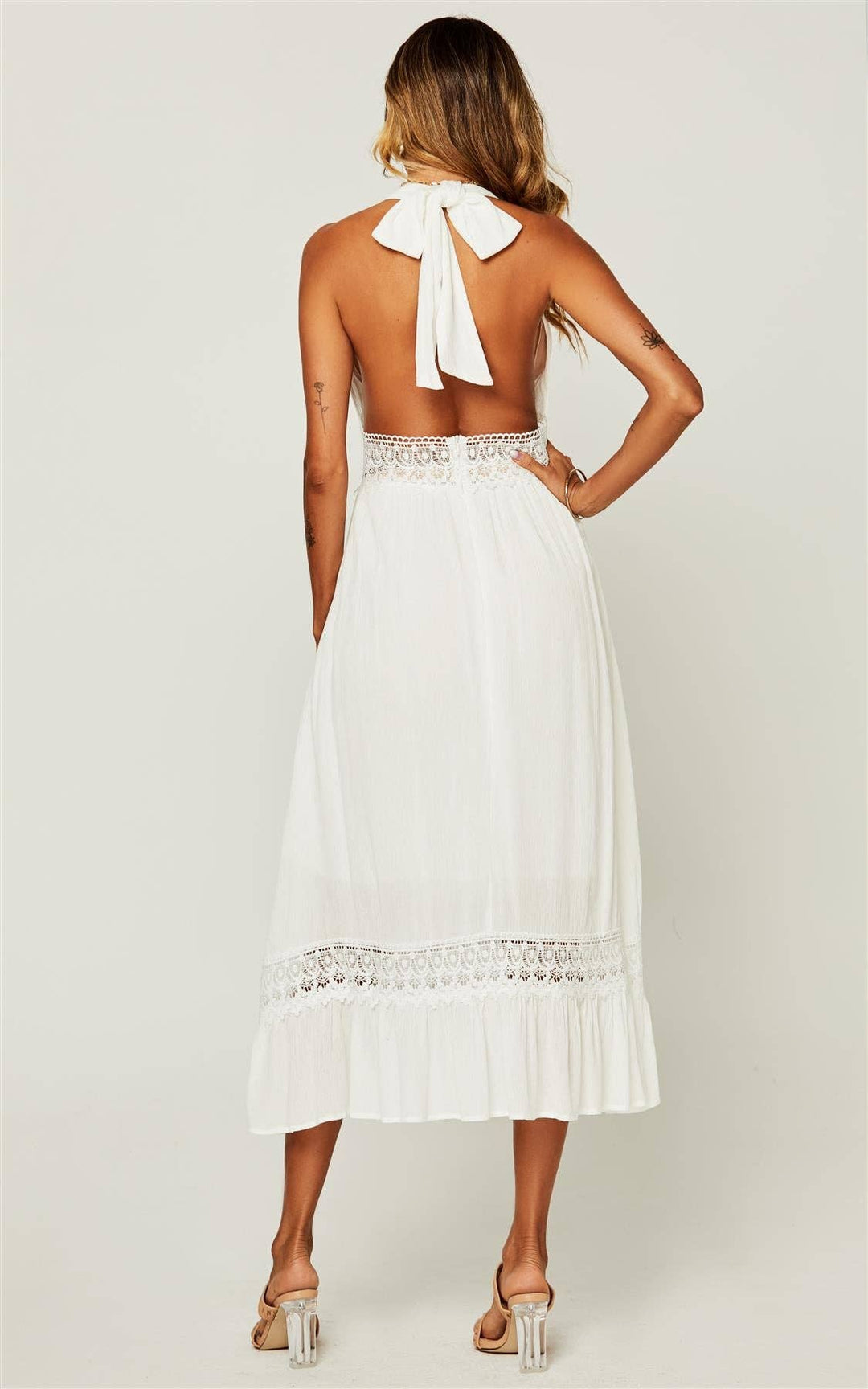 Candice White Halter Neck Backless Lace Maxi Dress