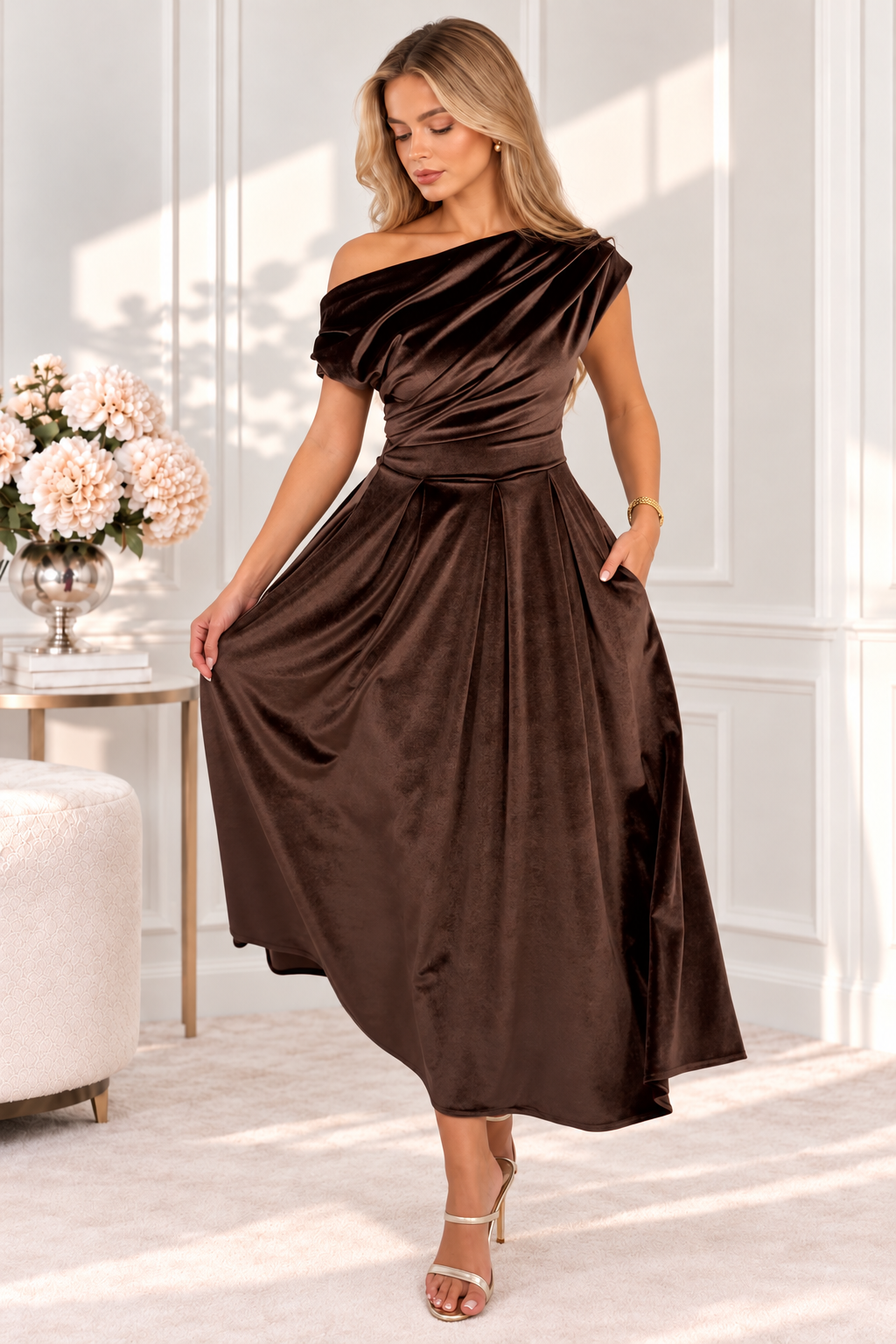 Betty Chocolate Brown Velvet Asymmetric Neckline Skater Maxi Dress With Pockets