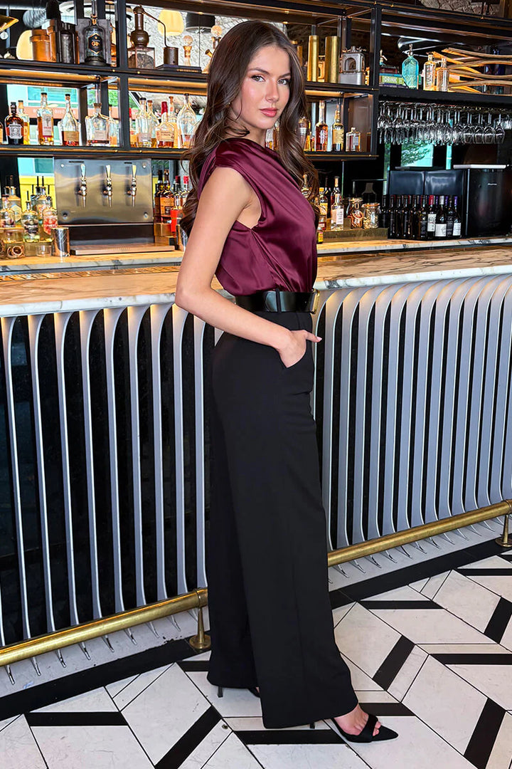 Montana Burgundy 2 in 1 Draped Neck Belted Wide Leg Jumpsuit