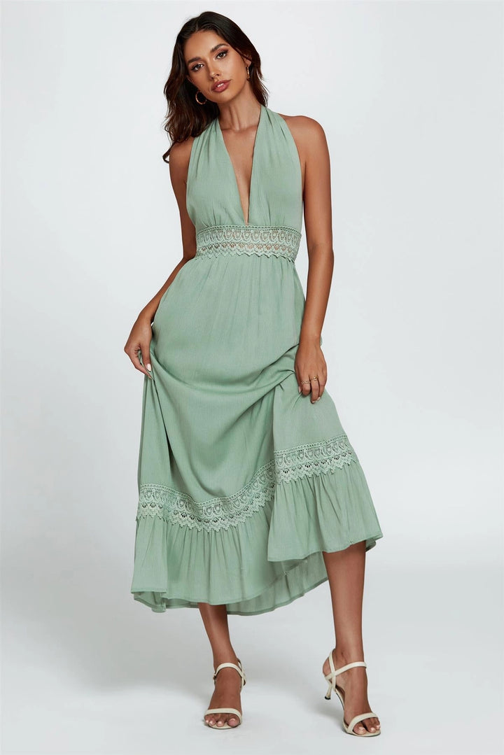 Candice Green Halter Neck Backless Lace Maxi Dress