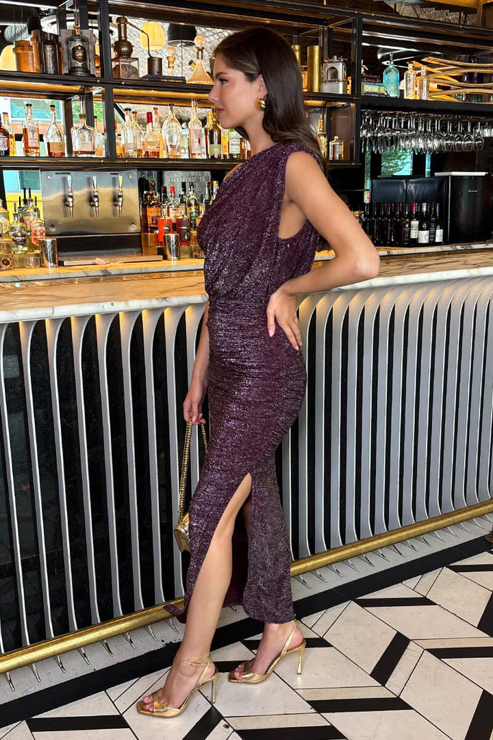 Addison Plum Sparkle Off The Shoulder Draped Top Midi Dress