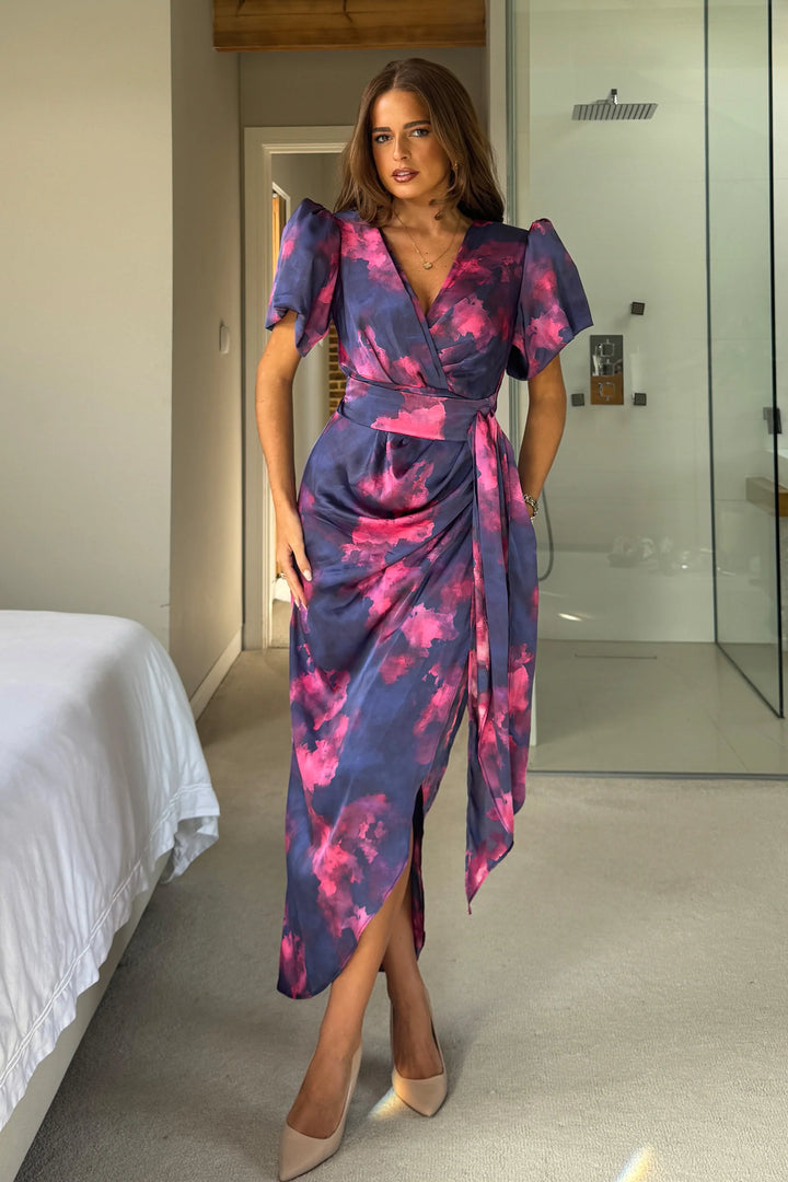 Drew Navy and Pink Marble Wrap Short Puff Sleeve Satin Midi Dress
