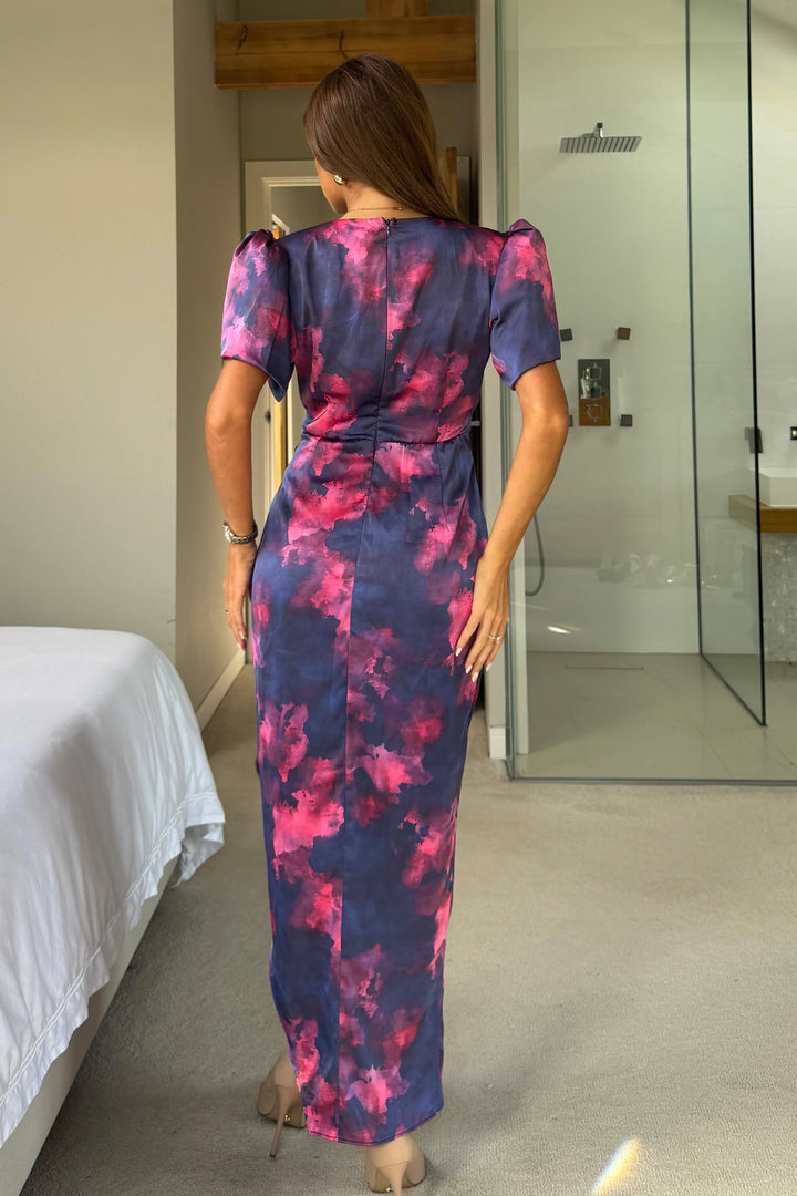Drew Navy and Pink Marble Wrap Short Puff Sleeve Satin Midi Dress