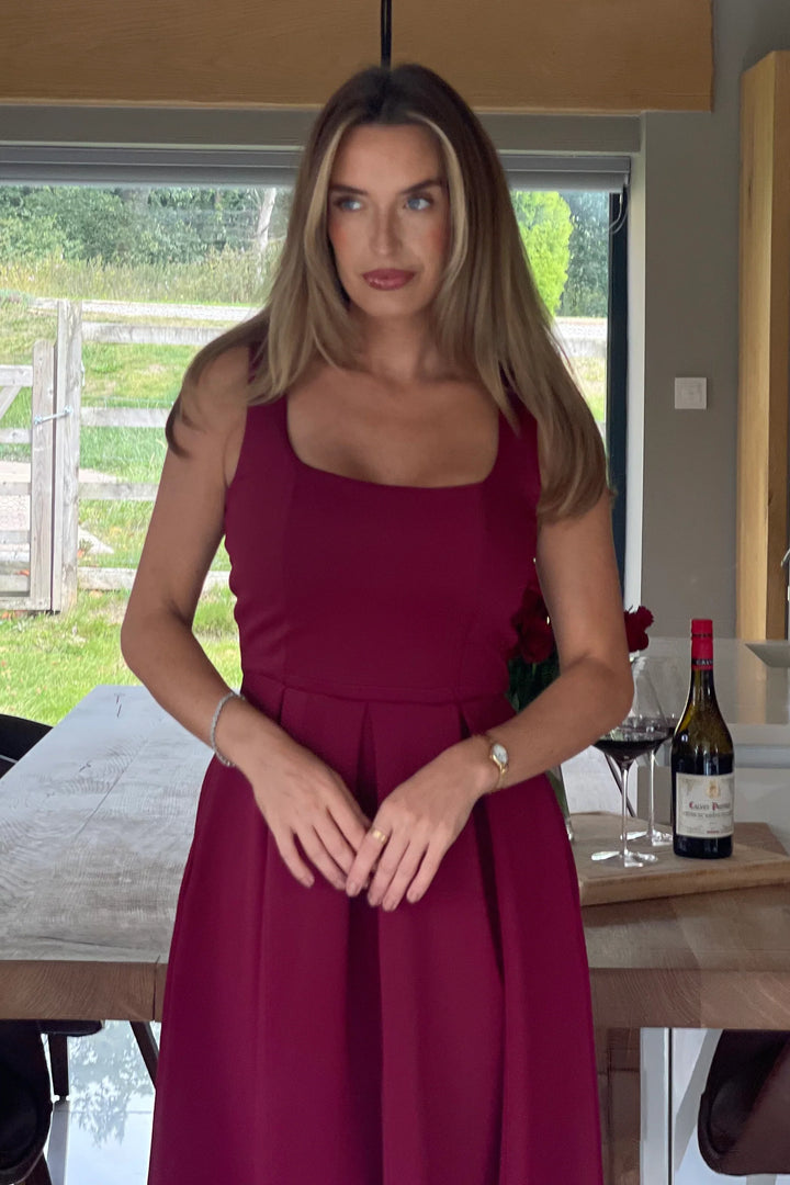 Erica Burgundy Square Neck Sleeveless Pleated Midi Dress