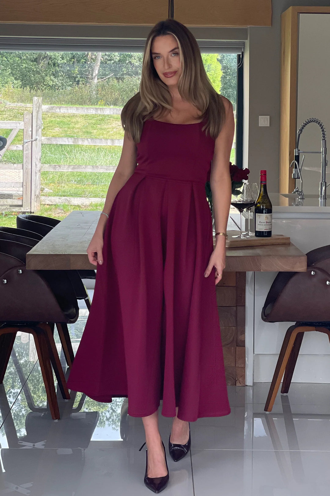 Erica Burgundy Square Neck Sleeveless Pleated Midi Dress