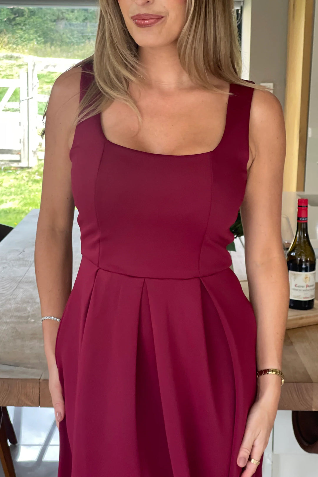 Erica Burgundy Square Neck Sleeveless Pleated Midi Dress