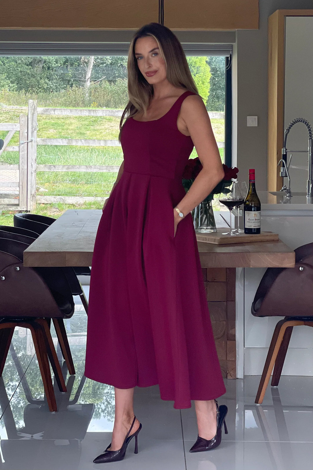 pleated midi dress uk Erica Berry Red Square Neck Sleeveless Pleated Midi Dress
