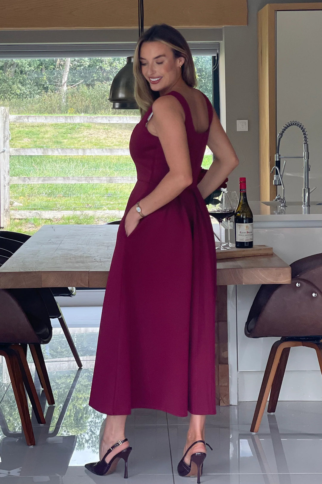 Erica Burgundy Square Neck Sleeveless Pleated Midi Dress