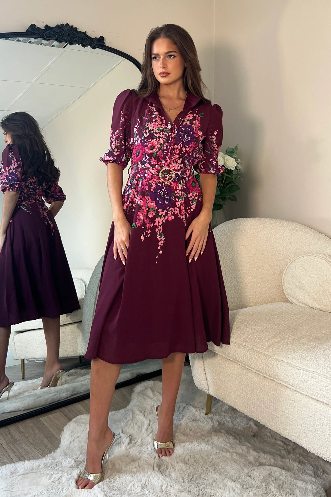 Holland Plum Floral Short Sleeve Belted Midi Dress