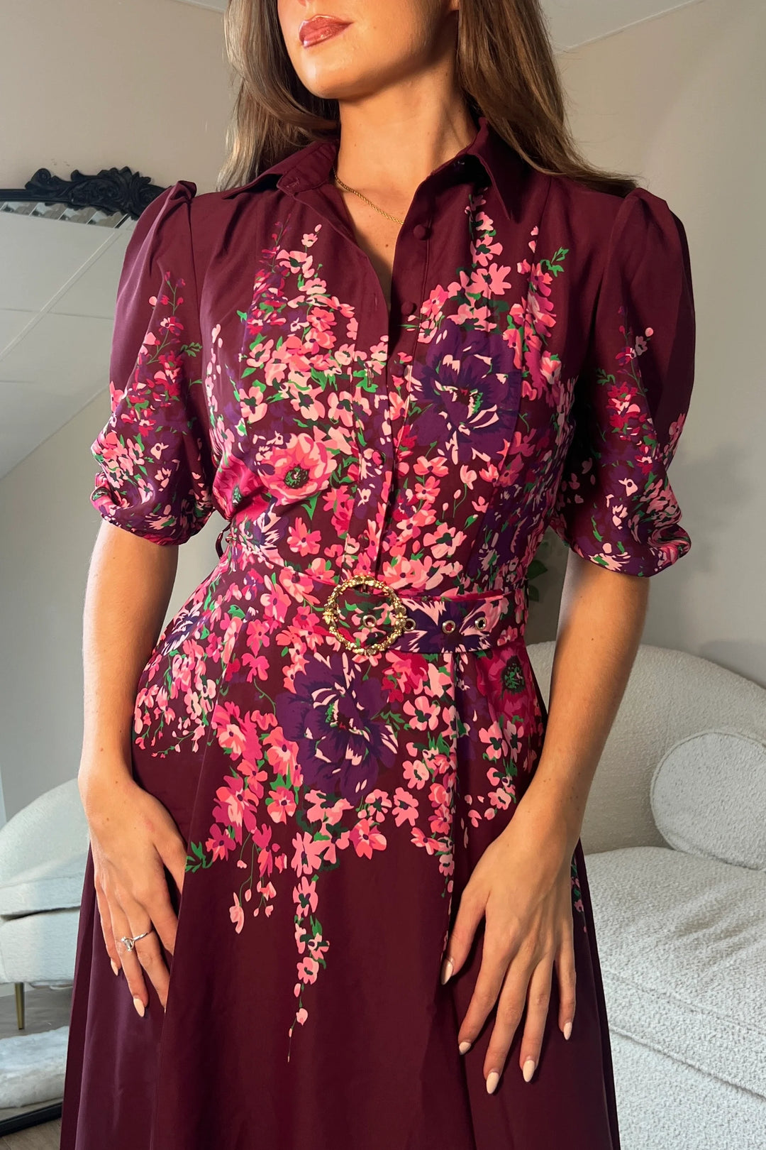 Holland Plum Floral Short Sleeve Belted Midi Dress