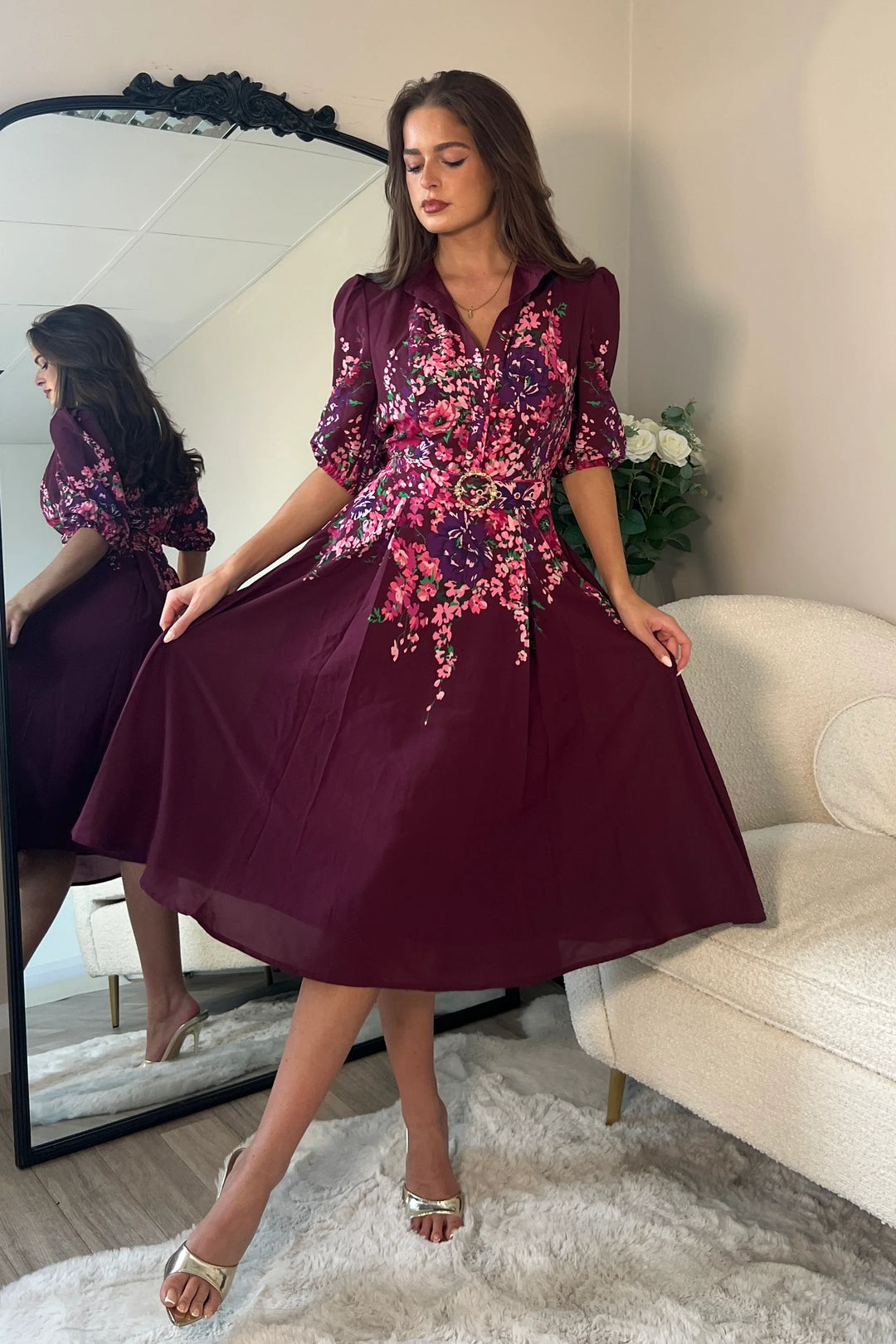 Holland Plum Floral Short Sleeve Belted Midi Dress