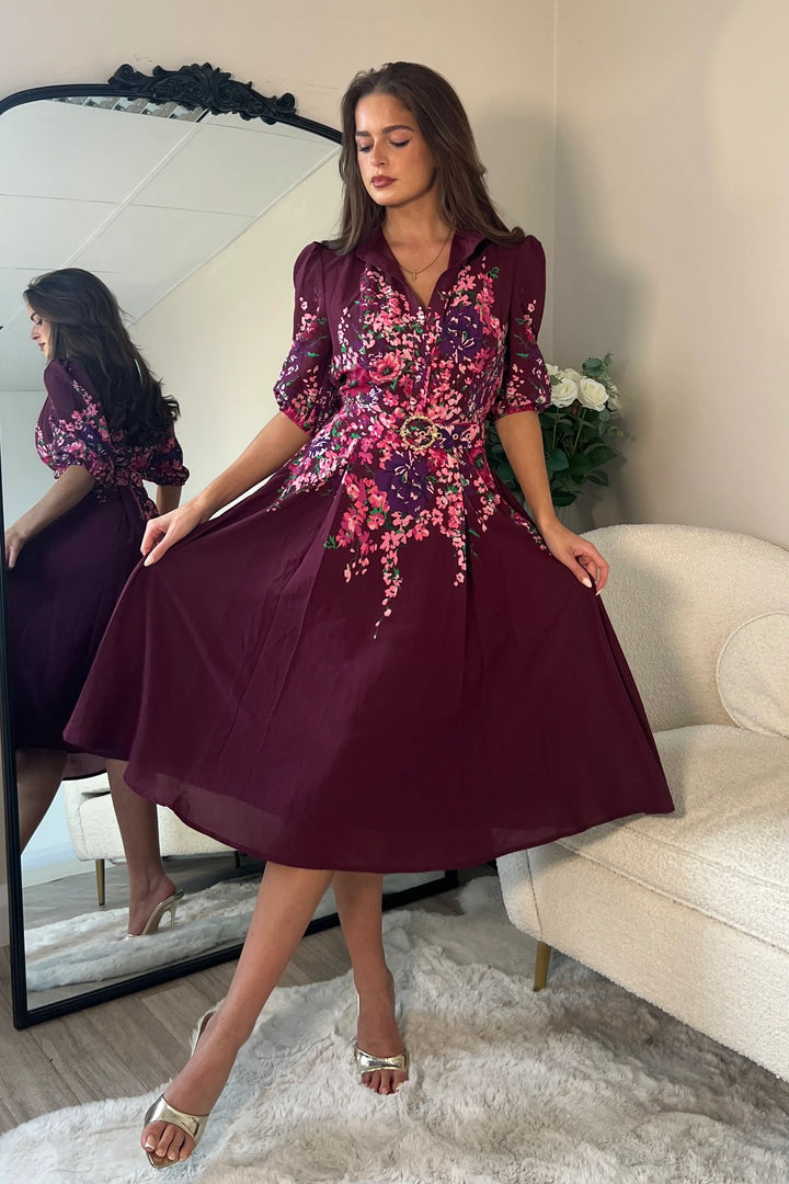 Holland Plum Floral Short Sleeve Belted Midi Dress