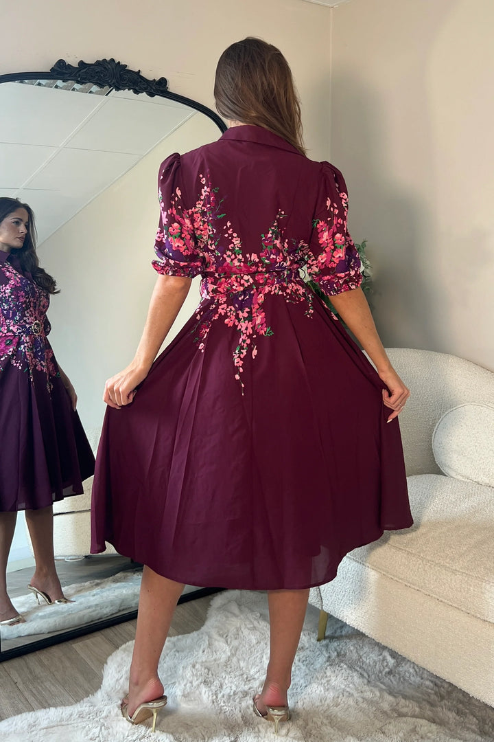 Holland Plum Floral Short Sleeve Belted Midi Dress