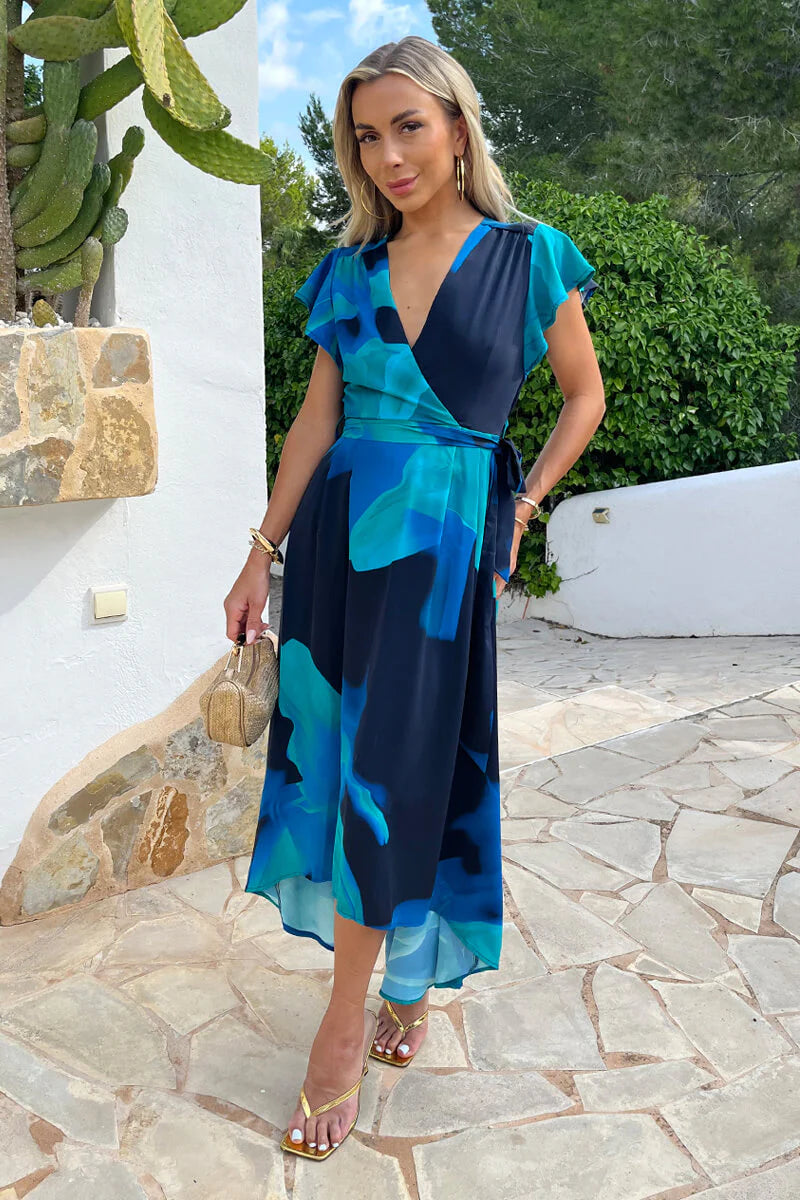 Dionne Navy & Blue Floral Print Flutter Sleeve Belted Wrap Midi Dress