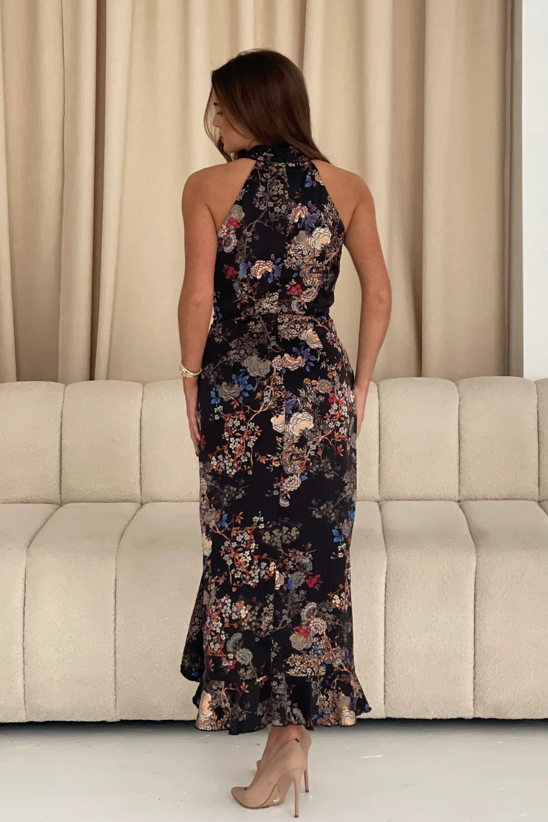 Amani Black Floral Ruched Halter Neck Midi Dress